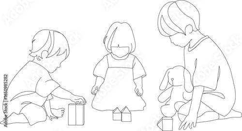 3人の子供が積み木やぬいぐるみで仲良く遊んでいるシルエット