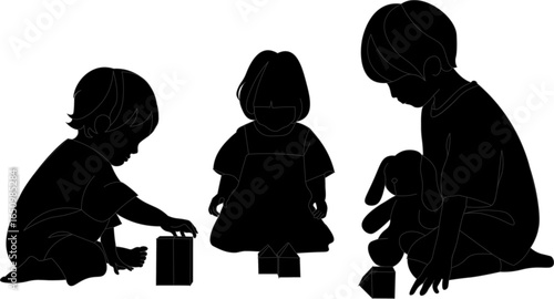 3人の子供が積み木やぬいぐるみで仲良く遊んでいるシルエット