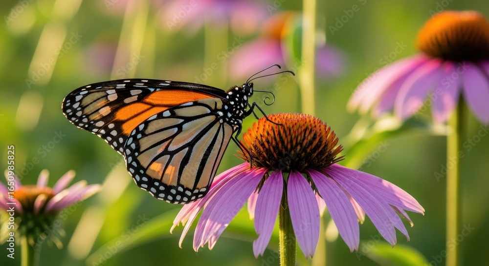 Obraz premium Monarch Butterfly's Delicate Embrace A Peaceful Moment Amidst Purple Wildflowers