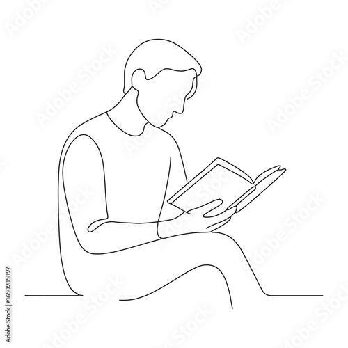 Continuous line art man and woman reading book minimalist drawing illustration