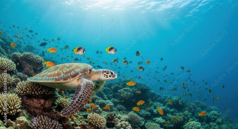 Fototapeta premium Sea Turtle Gracefully Navigating Vibrant Coral Reef