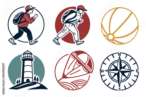 Collection of travel and adventure icons with hikers, lighthouse, compass, and kite