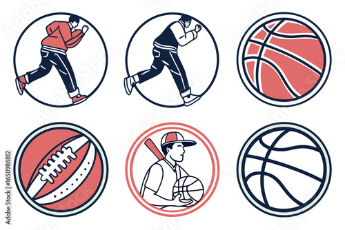 Collection of sports icons including basketball, football, and baseball