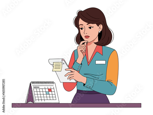 Thoughtful Planning: A professional individual deep in thought, her gaze fixed upon a notepad, flanked by a calendar suggesting the organization and strategy behind every working day.