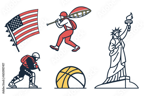 Collection of american sports and landmarks isolated on white background