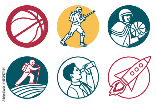 Set of six circular icons representing sport, military, hiking, drinking, and space travel