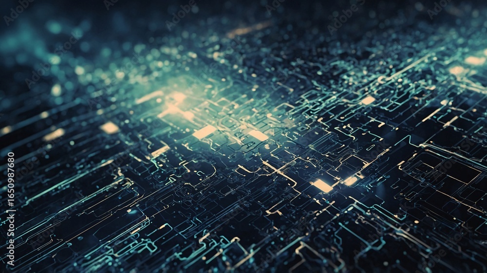 Fototapeta premium Futuristic abstract image showcasing intricate digital circuits with glowing elements, conveying a sense of advanced technology.