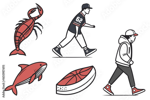 Collection of stylized illustrations of a crab, whale, baseball player, and person in hoodie isolated on white background