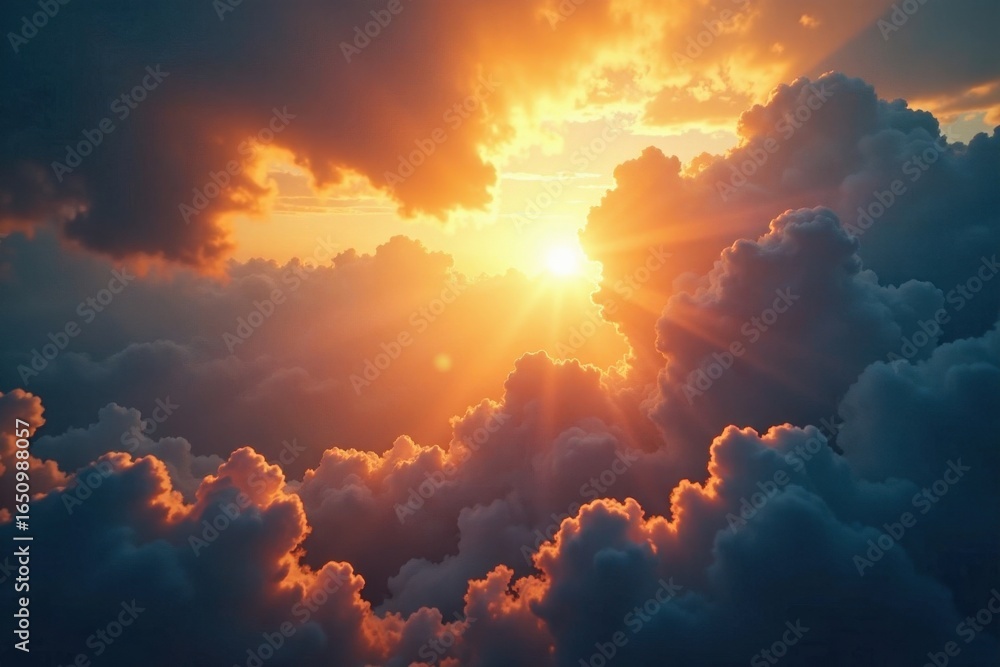 Fototapeta premium Golden light rays burst through clouds, celestial scene , sunrise, landscape
