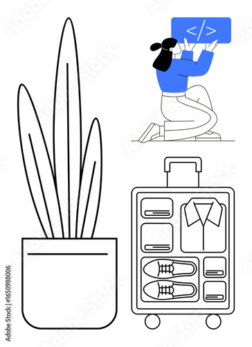 Woman writing code on screen, tall potted plant, neatly organized suitcase with travel essentials, including shoes and formalwear. Ideal for coding, remote work, travel, organization, lifestyle