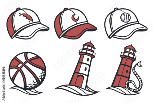 Collection of sports caps and nautical lighthouse icons