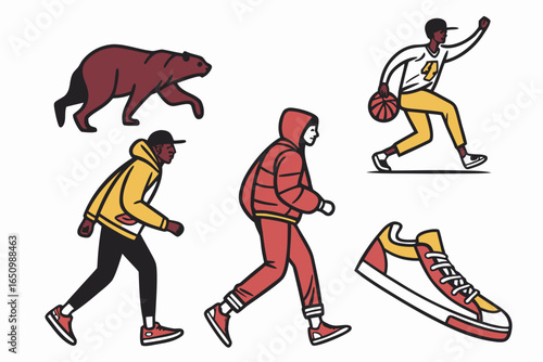 Athletic people and bear in motion, isolated on white background