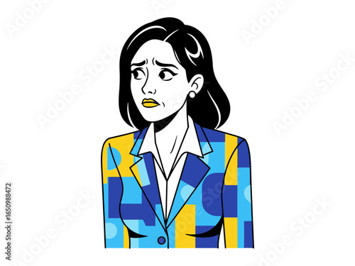 Unease in Business Attire: A stylized woman in a formal suit with a subtle but expressive gesture, capturing the essence of anxiety and uncertainty.