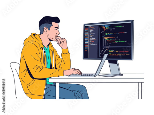 Code Weaver: A focused individual intently codes at a desk, a digital tapestry of lines and logic illuminating the scene on a monitor, creating a glimpse into the world of development and tech.