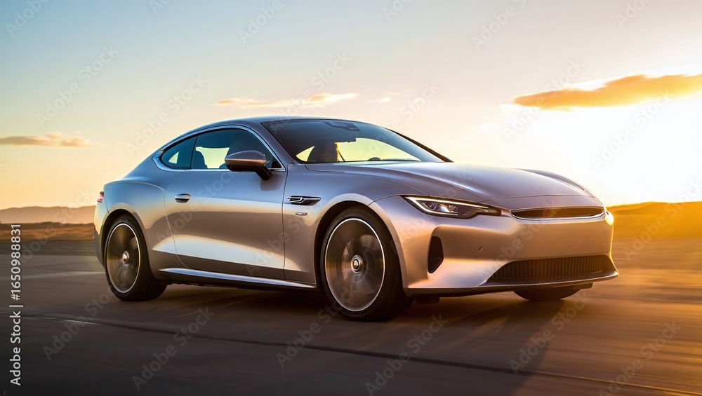 Fototapeta premium Sleek Silver Electric Car Gliding on Asphalt Road at Sunset Capturing Modern Automotive Elegance and Sustainable Transportation