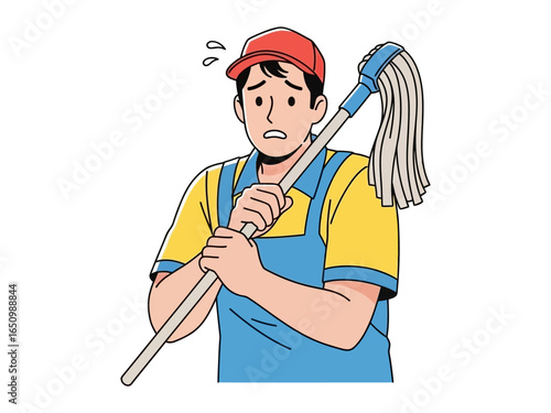 Weary Cleaning Worker: A stressed cleaning worker, clad in work attire, holds a mop over their shoulder, his brow furrowed in a show of overwork and fatigue. An illustration