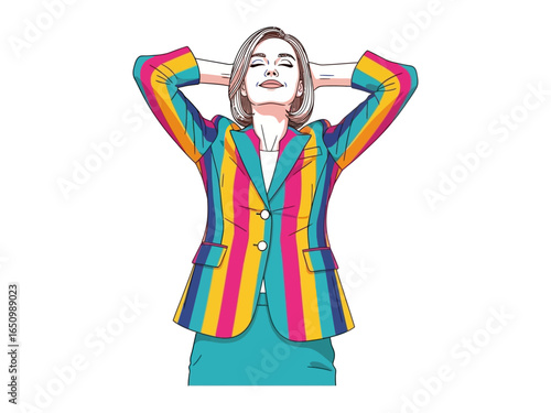 Serene Confidence: A woman exudes a sense of peace and contentment while resting her hands behind her head, wearing a colorful, striped jacket, against a bright background. 