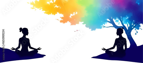 Two people meditating in lotus pose under a colorful rainbow tree, symbolizing harmony, balance, and spiritual connection in nature