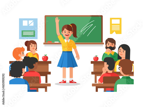 Classroom interaction: An image of a school scene with a student enthusiastically raising hand during lesson, surrounded by other students in the background. The focus is on the learning environment.