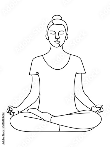 Woman practicing yoga and meditation hand drawn line vector illustration.woman sitting in lotus pose. Woman meditating. Calm girl in yoga pose practicing mindfulness and peaceful relaxation.