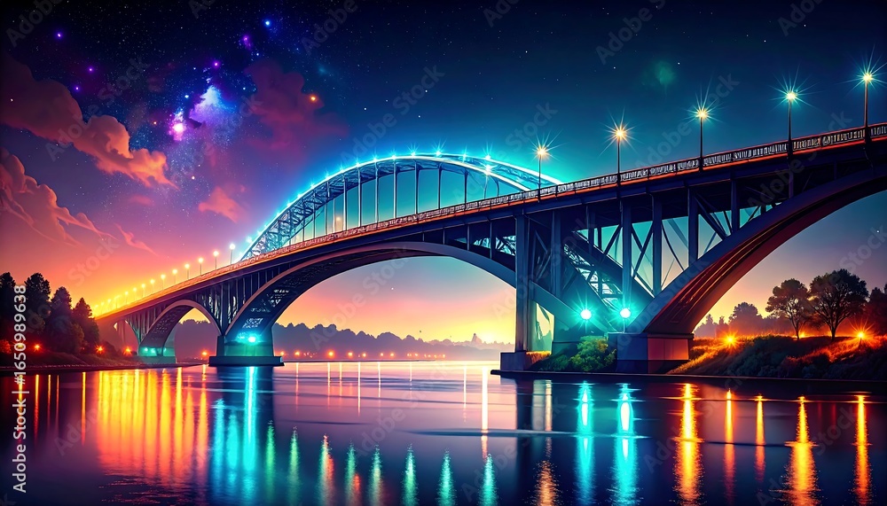 Naklejka premium Vibrant Illuminated Bridge Over River at Dusk with Fireworks.