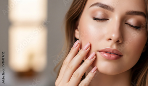 Woman beauty healthy clean skin manicure nails hand touching face spa beautiful female concept
