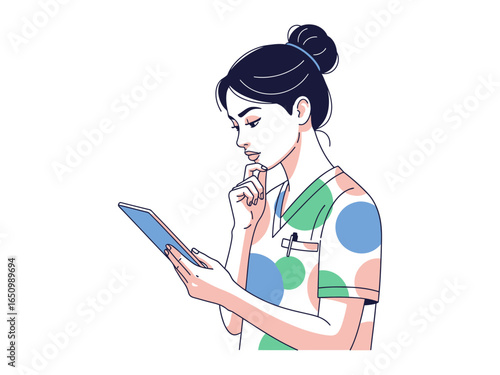 Medical Professional in Thought: A focused medical professional, deep in thought, meticulously examines a digital tablet. Capturing the essence of modern healthcare and contemplative expertise.