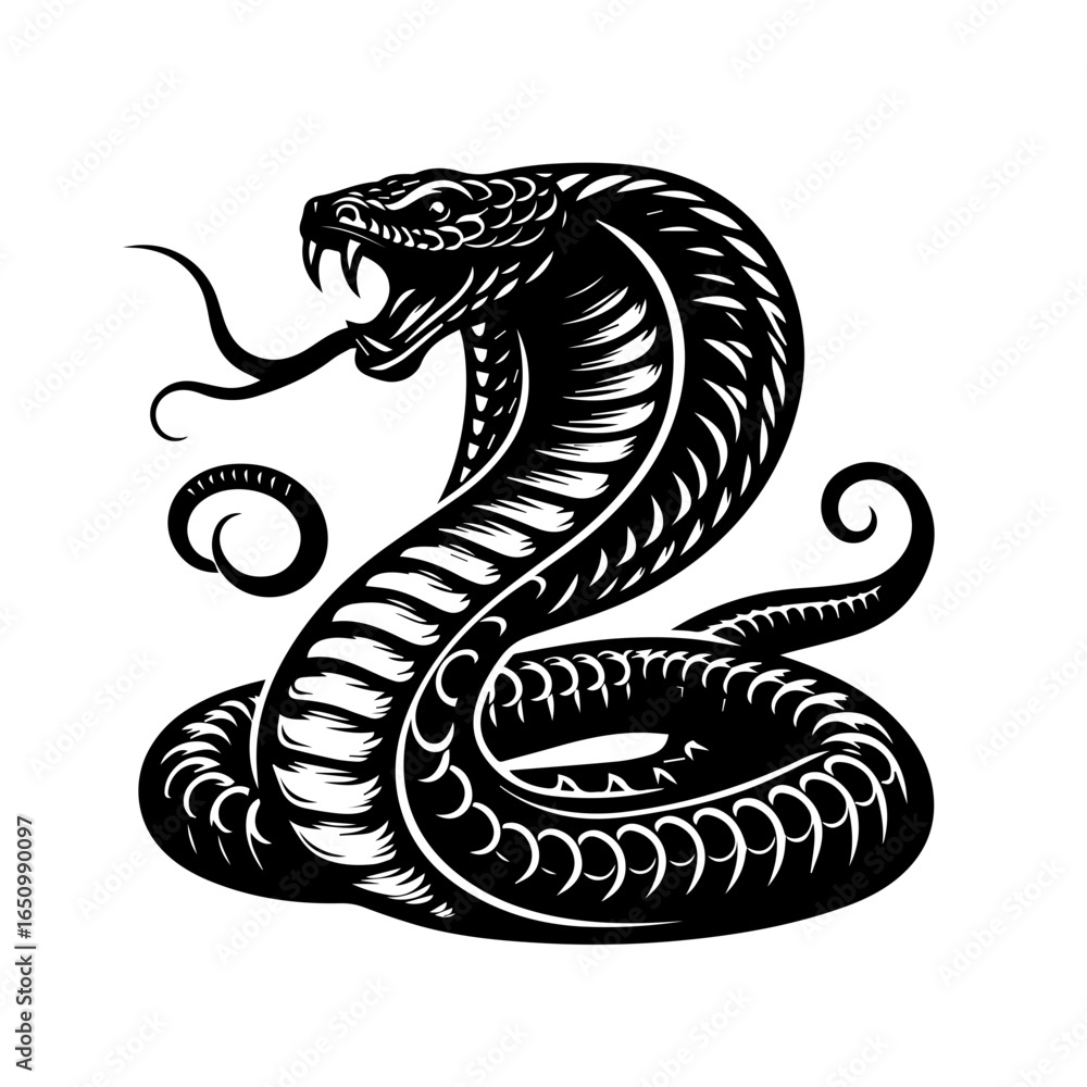 Fototapeta premium Aggressive cobra snake with open mouth and fangs, isolated on white background