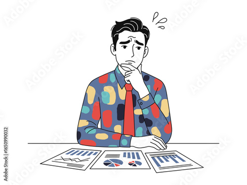 Pensive Contemplation: A man, deep in thought, studies complex graphs and charts. His expression reflects the intensity of his decision-making process, a vivid representation of critical thinking.