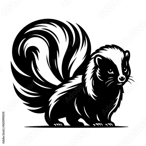 Illustration of a cute skunk with a bushy striped tail, isolated on white background
