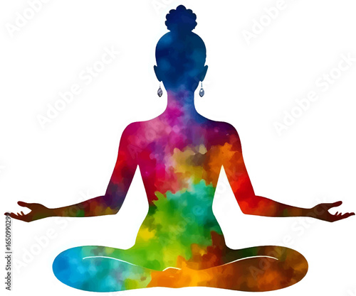 Woman meditating in lotus pose with a vibrant, colorful, cosmic galaxy pattern filling her silhouette, representing inner peace and universal energy