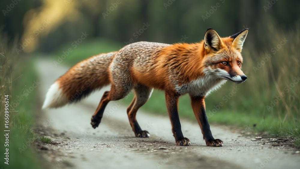 Obraz premium A fox crossing a dirt path in a natural setting. Wildlife and nature scene. The concept of animals and wildlife habitat.
