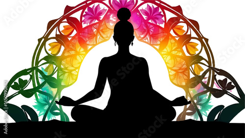 Silhouette of a woman meditating in a lotus pose with a colorful floral mandala arch, isolated on white background