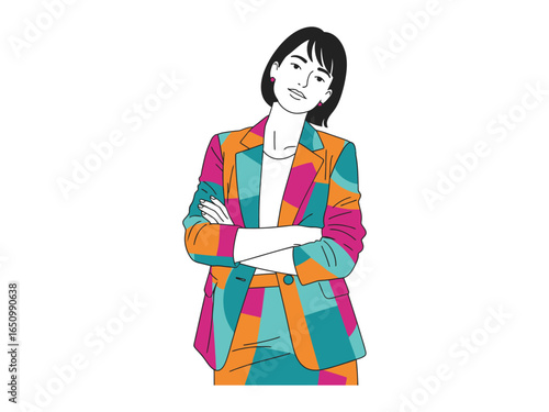 Confident Woman in Colorful Suit: A stylish illustration of a woman exudes confidence and modern fashion, showcasing a vibrant, patterned suit and poised demeanor.