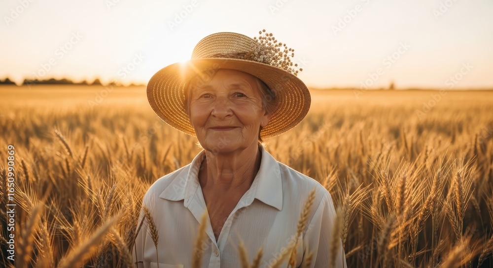 Obraz premium Smiling elderly woman in a straw hat amidst a golden wheat field, bathed in sunlight