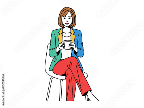 Contemplation and Comfort: An elegant woman, clad in a stylish business casual ensemble, finds a moment of serene pause, gracefully seated while holding a cup.