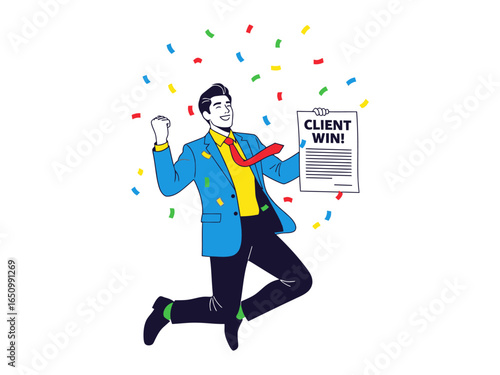 Celebration of Client Victory: A businessman celebrates a win with client. confetti falling. 