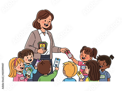 Teaching Moments: A cheerful educator distributes cards to a group of attentive children, illustrating the core of early childhood education.