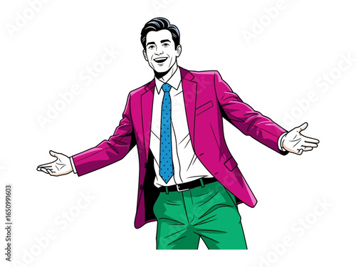 Suave Presentation: A smartly dressed man opens his arms wide in a gesture of welcome, offering a visual embodiment of invitation, positivity, and confident energy.