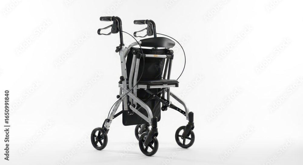 Naklejka premium Folded rollator walker, compact design, easy storage, ideal for mobility support, studio shot