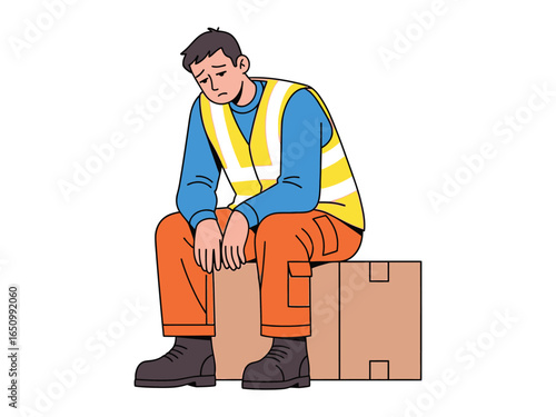Weary Worker's Pause: A construction worker, clad in a safety vest and workwear, sits dejectedly on a cardboard box, head bowed in a moment of rest or introspection.