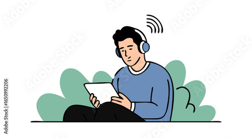 Man enjoying music and tablet outdoors surrounded by nature lush greenery and digital sound waves