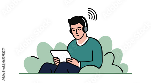 Man enjoying music and tablet outdoors surrounded by nature lush greenery and digital sound waves