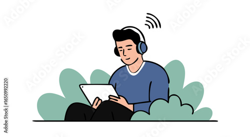 Man enjoying music and tablet outdoors surrounded by nature lush greenery and digital sound waves