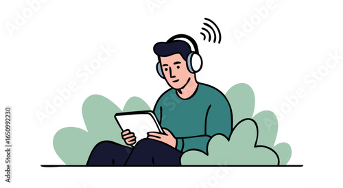 Man enjoying music and tablet outdoors surrounded by nature lush greenery and digital sound waves
