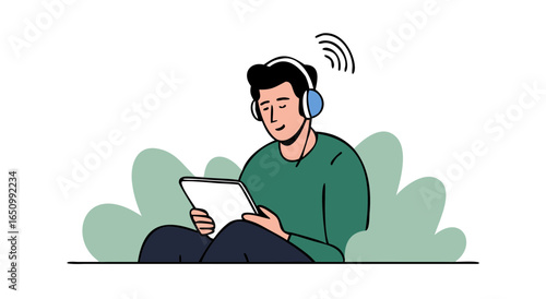 Man enjoying music and tablet outdoors surrounded by nature lush greenery and digital sound waves