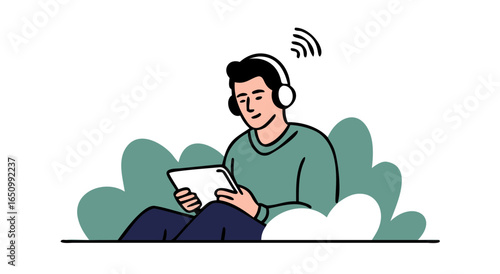 Man enjoying music and tablet outdoors surrounded by nature lush greenery and digital sound waves