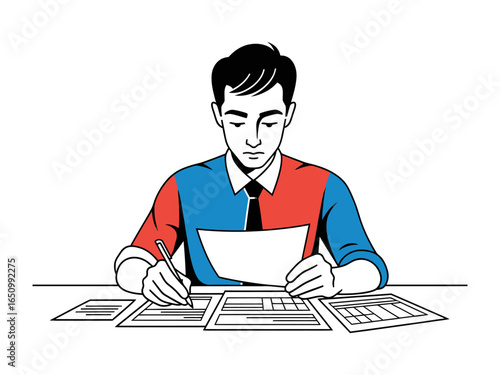 Focused Professional: A focused individual, engrossed in the process of document examination, poised with a pen in hand, exemplifies diligence and commitment in a clean and clear graphic setting. 