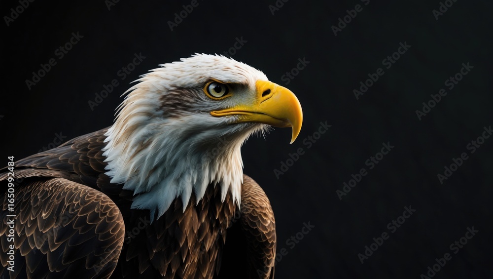 Fototapeta premium Close-up of an eagle's head with a dark background. Sharp eyes, yellow beak, and detailed feathers.