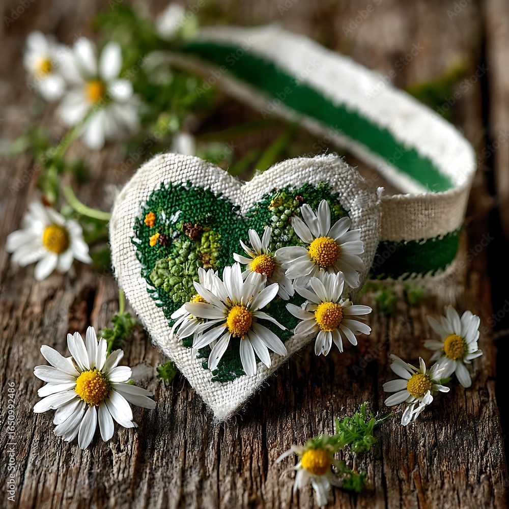 Obraz premium Embroidered heart with daisies and green ribbon on rustic wooden surface with natural light